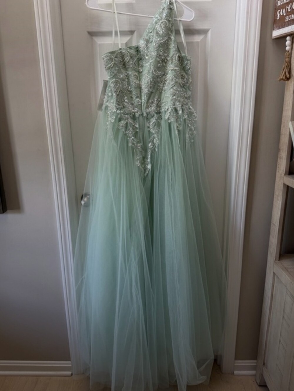 Embellished Sage Mint Lt. Blue Green Tulle Evening Dress - Picture 15 of 16